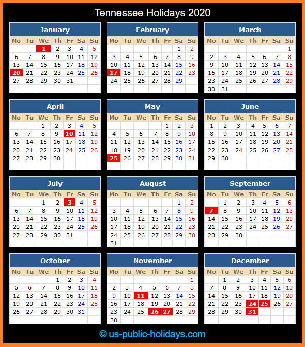 Tennessee Holiday Calendar 2020